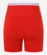 Bermuda deportiva de tiro alto color rojo, con cintura elástica en contraste color rosa claro. Confeccionada en tejido de microfibra elástica, diseñada para actividades físicas.