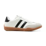 Championes deportivos American Sport, color blanco con detalles en negro y gris. Presentan tres tiras negras en el lateral y suela marrón.