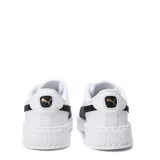 Championes Puma modelo Carina 3.0 de diseño urbano, color blanco con la icónica franja lateral en negro y detalles dorados en la marca. Presentan una suela de plataforma con textura acanalada y puntera perforada para mayor ventilación.