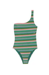 Bañador enterizo asimétrico con diseño de rayas horizontales en tonos verdes y rosas sobre tejido de lurex brillante. Cuenta con un solo tirante fino y forro interior.
