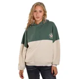 Canguro con capucha y cordones ajustables, diseño bicolor con bloque superior en verde y bloque inferior en beige. Presenta un pequeño estampado circular en el pecho con motivos de sol y texto. Posee puños y ruedo acanalados.