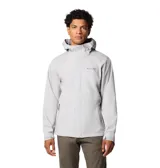 Campera impermeable y transpirable de color gris claro, con tecnología Omni-Tech y costuras selladas. Cuenta con capucha ajustable, ventilación en las axilas, puños regulables y cierre frontal con solapa. Diseño técnico ideal para actividades al aire libre.