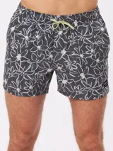 Short de baño Rusty de color gris oscuro, con estampado de flores blancas y cordón ajustable en la cintura.