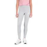 Calza gris melange de algodón y elastano, tiro alto, con logo New Balance estampado en blanco en la pierna izquierda.