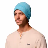 Gorro tipo beanie de la marca Columbia, confeccionado en tejido polar suave de color celeste. Presenta costuras reforzadas y el logo de la marca bordado en el mismo tono en la parte frontal.