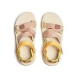 Sandalia deportiva Merrell con diseño ergonómico, correas ajustables de velcro en tonos amarillos, beige y rosado, y suela de goma con relieve para mayor tracción.
