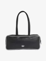 Bolso tipo shopper de diseño alargado, confeccionado en material sintético texturizado color negro con ribetes blancos. Presenta doble asa larga para llevar al hombro, cierre superior con cremallera y el logo del trébol de Adidas estampado en el frente.