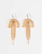 Par de aros colgantes dorados con diseño geométrico.