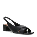 Sandalias de cuero negro marca Bottero, con diseño de tiras cruzadas en el empeine, punta cuadrada, taco cuadrado medio y tira trasera ajustable con hebilla metálica.