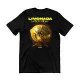 Remera negra de manga corta con estampado gráfico en la espalda que muestra una bola de espejo dorada en forma de limón y el texto "Limonada Disco Show".