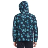 Campera con capucha y cierre frontal, color azul marino con estampado floral celeste.