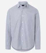 Camisa de vestir de hombre, corte regular, confeccionada en tejido Oxford rayado en tonos azul y blanco. Cuenta con cuello abotonado, manga larga con puños abotonados y cierre frontal con botones.