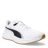 Championes de running Puma Skyrocket Lite, color blanco con detalles en negro y suela de goma color caramelo. Presentan un diseño de malla transpirable, cierre con cordones y amortiguación ligera.