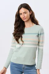 Buzo tejido de algodón con diseño de rayas horizontales en tonos azules, beige y rosado, cuello redondo y manga larga.