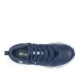 Bota de senderismo Columbia Facet 75 Mid Outdry, color azul oscuro con entresuela moteada en tono celeste. Presenta diseño de media caña con tecnología impermeable, soporte de TPU en el mediopié y suela con tracción avanzada.
