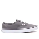 Championes Vans Authentic unisex, color gris, con cordones blancos y suela de goma blanca con línea negra.