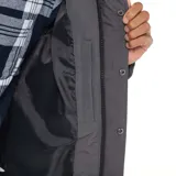 Campera acolchada de corte recto en color gris, con capucha ajustable, cierre frontal de cremallera y botones a presión, y bolsillos laterales.