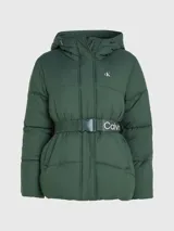 Campera puffer verde oscuro de nailon con cinturón con hebilla y logo Calvin Klein.