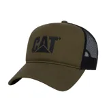 Gorro tipo trucker de la marca CAT, con panel frontal de espuma en color verde oliva y parte trasera de malla negra. Presenta el logo de la marca estampado en alta densidad en el frente y cuenta con visera curvada y broche de ajuste posterior.