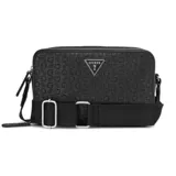 Cartera tipo bandolera Guess modelo Viviette, color negro con estampado de monograma en relieve. Presenta cierre superior, logo triangular metálico en el frente y correa de cinta ajustable con herrajes plateados.
