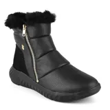 Bota casual deportiva Usaflex Seren color beige con detalle de piel sintética blanca en el borde superior, cierre lateral con cremallera dorada y suela blanca.