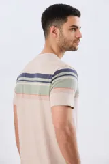 Remera de algodón y poliéster color verde militar con diseño de rayas horizontales en tonos azules, blancos y celestes en la parte superior del pecho. Cuenta con cuello redondo y mangas cortas.