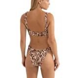 Bikini con estampado floral marrón y blanco, de corte cavado.