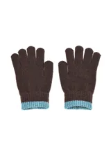 Guantes de punto color marrón con puños acanalados en color celeste.