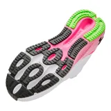 Championes de running Under Armour modelo HOVR Machina 3 para mujer. Diseño en color blanco con detalles en fucsia neón y verde lima. Presenta tecnología de amortiguación reactiva UA HOVR, refuerzo externo de TPU en el talón y suela de goma con canales de flexión para mayor durabilidad y retorno de energía.