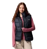 Chaleco acolchado Columbia de color negro con cuello alto, cierre frontal y bolsillos laterales con cremallera. Cuenta con tecnología térmica reflectante Omni-Heat y aislamiento sintético reciclado.