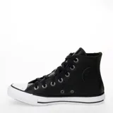 Championes de caña alta Converse modelo Chuck Taylor All Star, confeccionados en cuero negro con puntera y suela de goma blanca. Presentan cordones negros y ojales metálicos.