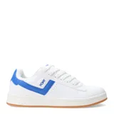 Championes urbanos Pony modelo Square, color blanco con detalles en azul y suela de goma color caramelo. Presentan el logo de la marca en el lateral y cierre mediante cordones.
