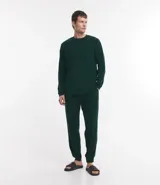 Pijama masculino de dos piezas confeccionado en tejido fleece texturizado. Incluye una remera de manga larga con cuello redondo y puños ajustados, y un pantalón tipo jogger con cintura elástica, cordón de ajuste y bolsillos laterales.