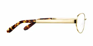 Armazón de receta con montura ovalada de acero inoxidable en color oro, con patillas de diseño carey.