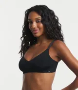 Soutien negro de microfibra con copas desmontables, escote en V, tirantes ajustables y cierre en la espalda.