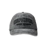 Gorra de visera curva Rip Curl color negro con efecto gastado (acid wash), con bordado en relieve con la inscripción "Rip Curl Surf Sports" en el frente.