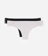 Kit de dos bombachas modelo bikini hilo, una negra y una blanca. Ambas son de microfibra y presentan detalle de encaje en los laterales.