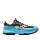Championes de trail running Saucony Peregrine 13, color negro con detalles en celeste y amarillo.