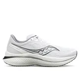 Championes de running Saucony Endorphin Speed 3, color blanco con detalles en negro y gris.