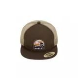 Gorro tipo trucker de la marca Hurley, color marrón con malla beige en la parte trasera. Presenta un parche frontal bordado con el logo de Hurley y un diseño de olas y atardecer en tonos naranja y blanco.
