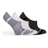 Pack de tres pares de medias deportivas tipo soquete de la marca Columbia, con tejido de malla transpirable y soporte en el arco. Incluye un par gris jaspeado, un par blanco y un par negro jaspeado.