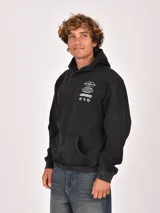 Hoodie de color negro con efecto lavado, cuenta con capucha y bolsillo frontal tipo canguro. Presenta un estampado gráfico en el pecho con elementos geométricos, el texto 'DESCEND' y estrellas.