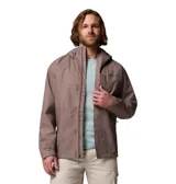 Campera impermeable Columbia modelo Hikebound II, color gris, con capucha ajustable y cierre frontal. Presenta el logo de la marca bordado en el pecho.