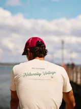 Camiseta celeste de manga corta con cuello redondo y estampado en la espalda con el logo de la marca y la frase "Naturally Vintage".