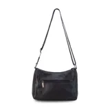 Bandolera de cuero sintético color bordó, con múltiples bolsillos frontales con cierre y correa ajustable en contraste de color.