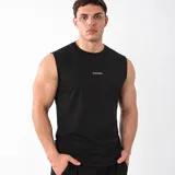 Musculosa de compresión de color negro, con ajuste al cuerpo, escote redondo y el pequeño logo "GAINS." estampado en el pecho.