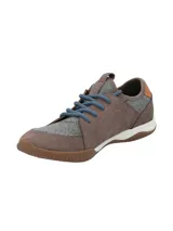 Championes urbanos Hush Puppies modelo Space, con diseño combinado en cuero marrón y paneles de tejido gris. Presentan cordones azules, suela de goma antideslizante y entresuela de EVA para mayor amortiguación.