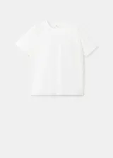 Camiseta blanca de algodón con cuello redondo, mangas cortas y detalle de bordado floral en el frente.
