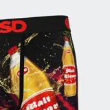 Calzoncillos bóxer estampados con botellas de licor de malta y logo de la marca en la cintura.