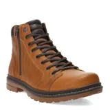 Bota de cuero color marrón con diseño acordonado y cierre lateral. Presenta detalles en cuero oscuro en la lengüeta y el cuello, con suela dentada de goma.